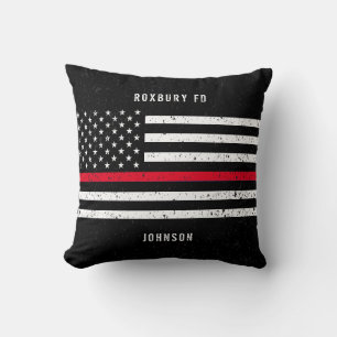 American Flag Thin Red Line Distressed Name Cushion