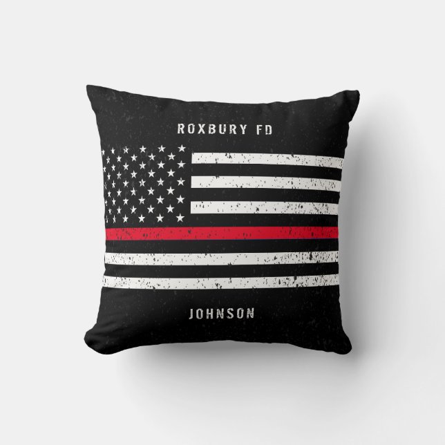 American Flag Thin Red Line Distressed Name Cushion (Front)