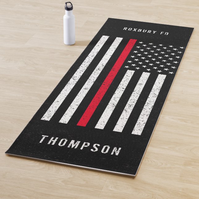 American Flag Thin Red Line Distressed Name Yoga Mat (In Situ)