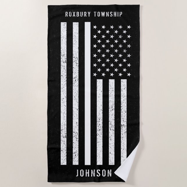American Flag Thin White Line Distressed Name Beach Towel (Front)