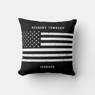 American Flag Thin White Line Distressed Name Cushion