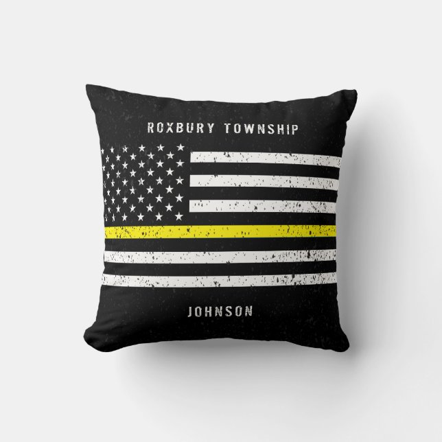 American Flag Thin Yellow Line Distressed Name Cushion (Front)