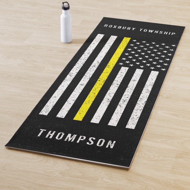 American Flag Thin Yellow Line Distressed Name Yoga Mat (In Situ)