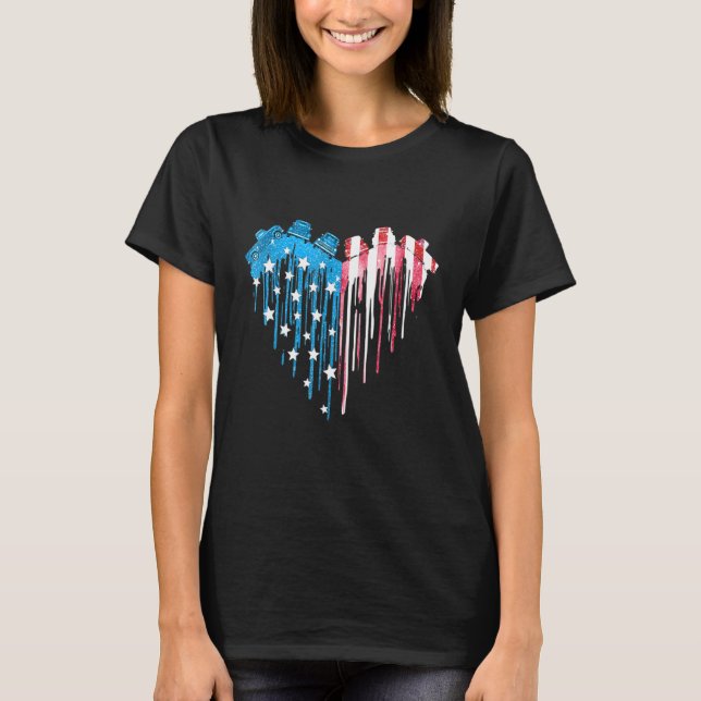 American Flag Truck Heart 4th Of Julyy Starrs Cars T-Shirt (Front)