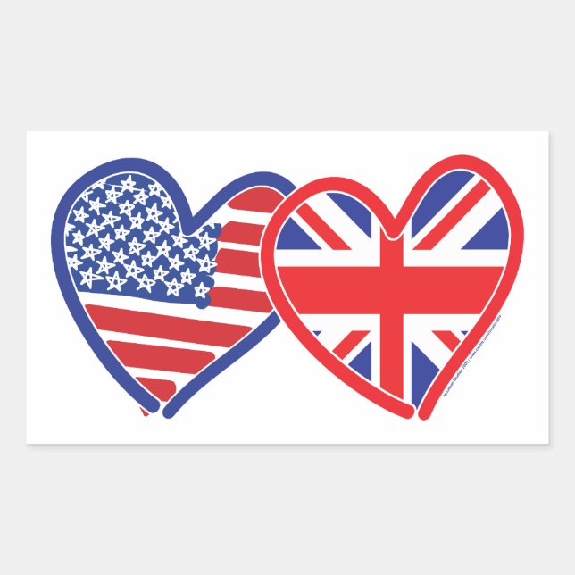 American Flag Union Jack Flag Hearts Rectangular Sticker (Front)