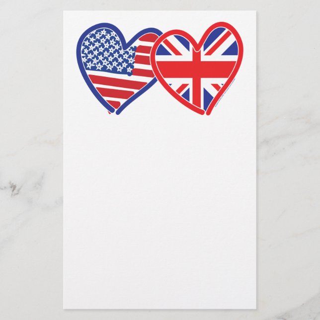 American Flag Union Jack Flag Hearts Stationery (Front)
