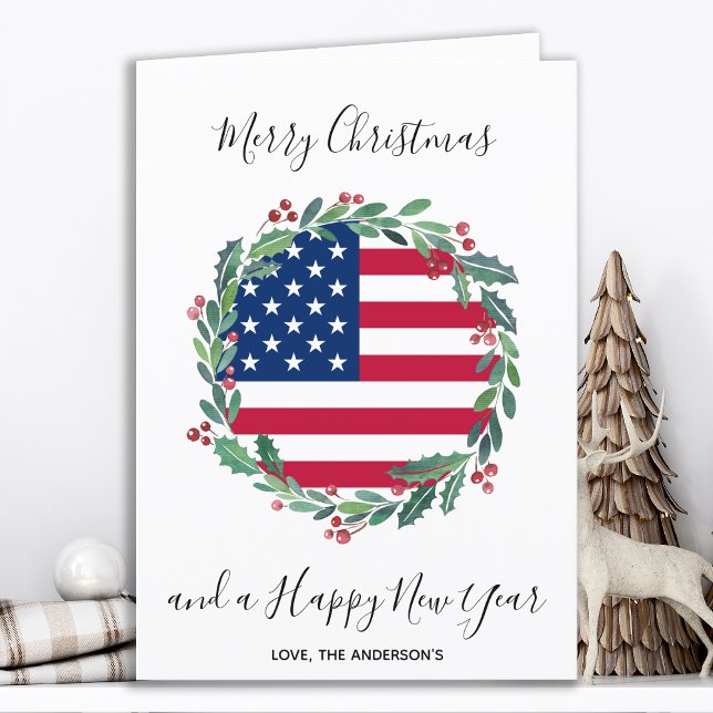 American Flag USA Patriotic Christmas Wreath Holiday Card (Creator Uploaded)