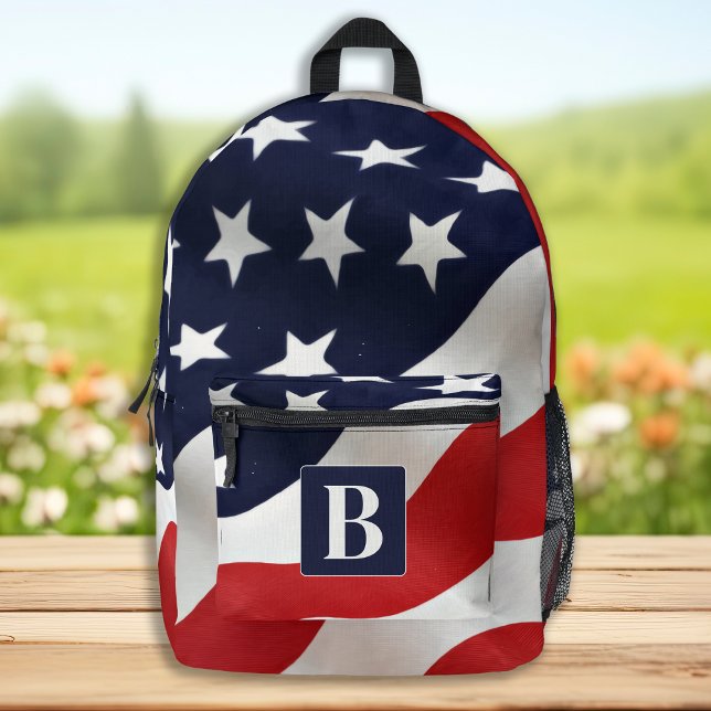 American Flag USA Personalised Monogram Initial  Printed Backpack (Creator Uploaded)