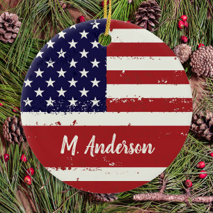 American Flag USA Personalised Patriotic  Ceramic Tree Decoration