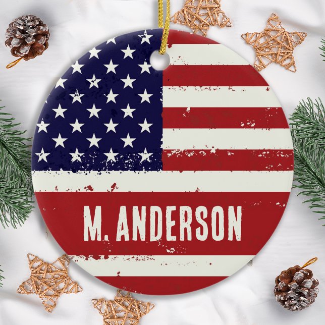 American Flag USA Personalised Patriotic Ceramic Tree Decoration (Creator Uploaded)
