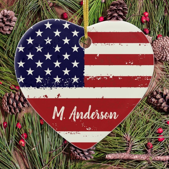 American Flag USA Personalised Patriotic Ceramic Tree Decoration (Creator Uploaded)