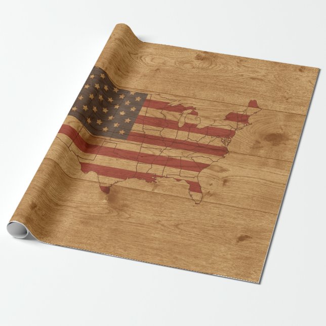 American Flag USA Shape Over Rustic Wood Patriotic Wrapping Paper (Unrolled)