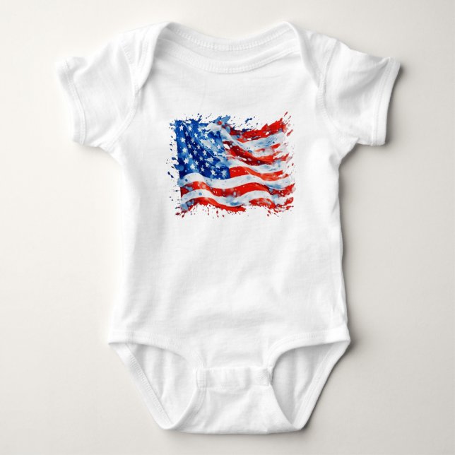 American Flag USA Watercolor 4th of July Baby Bodysuit (Front)