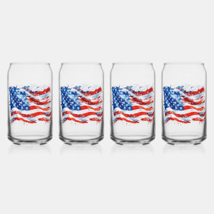 American Flag USA Watercolor 4th of July Can Glass