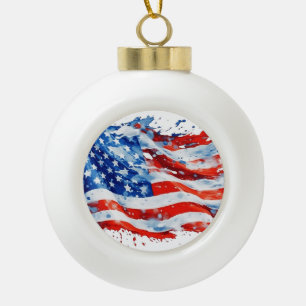 American Flag USA Watercolor 4th of July Ceramic Ball Christmas Ornament