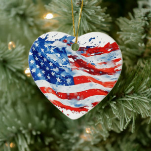 American Flag USA Watercolor 4th of July Ceramic Tree Decoration