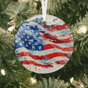 American Flag USA Watercolor 4th of July Glass Tree Decoration