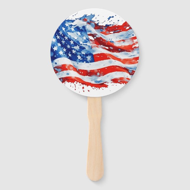 American Flag USA Watercolor 4th of July Hand Fan (Front)