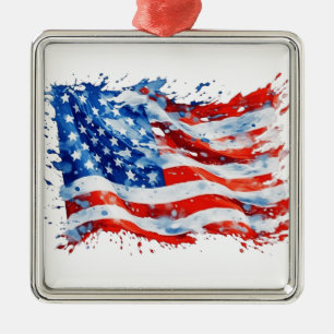 American Flag USA Watercolor 4th of July Metal Tree Decoration