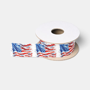 American Flag USA Watercolor 4th of July Satin Ribbon