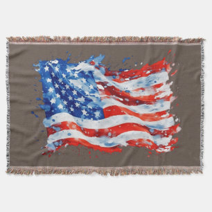American Flag USA Watercolor 4th of July Throw Blanket