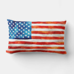 American Flag Watercolor Painting Artistic USA  Lumbar Cushion