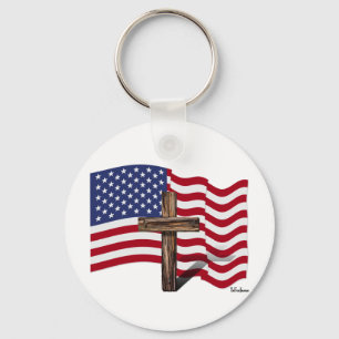 American Flag Waving and Rugged Cross Key Ring