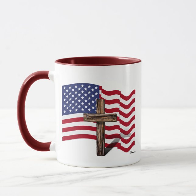 American Flag Waving and Rugged Cross Mug (Left)