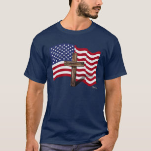 American Flag Waving and Rugged Cross T-Shirt