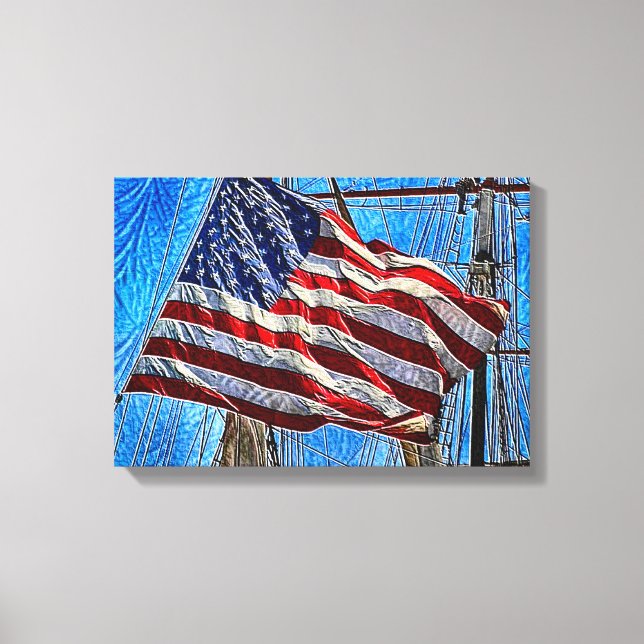 American Flag Waving In Wind Art Canvas Print (Front)