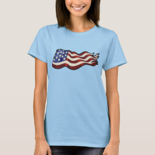 American Flag Waving (Red Ringer) Ladies T-Shirt