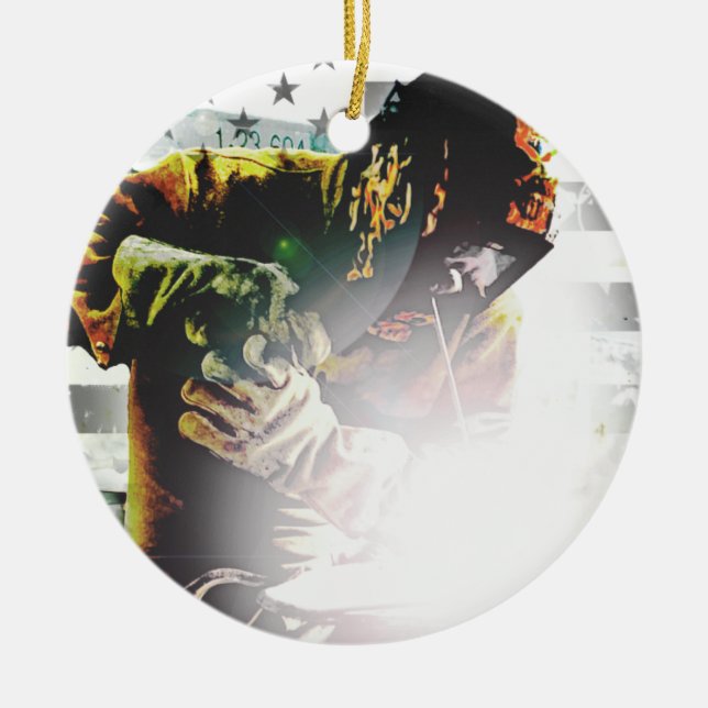American Flag Welder Ceramic Tree Decoration (Front)