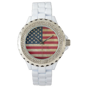 American Flag White Enamel Watch