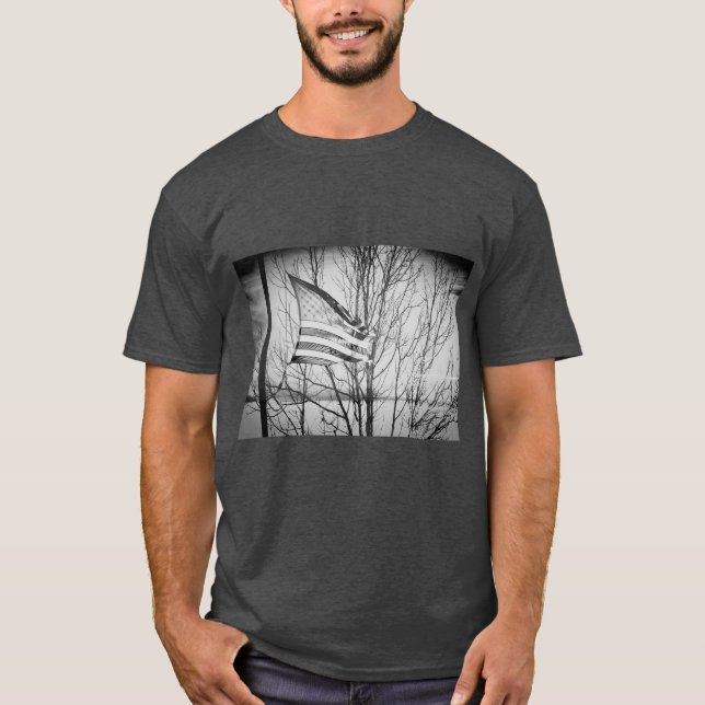 American Flag Windblown Grey T-Shirt (Front)