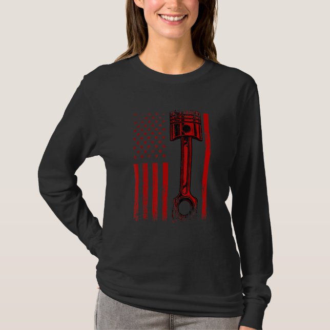 American Flag With Car Engine Piston   Graphic Des T-Shirt (Front)