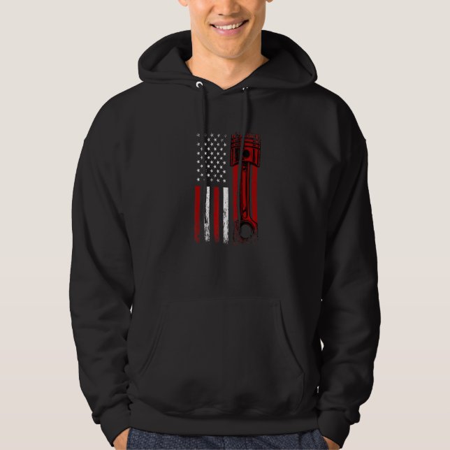 American Flag With Car Engine Piston Novelty Graph Hoodie (Front)