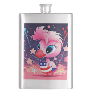 American Flag with Flamingo Cartoon-69216 Hip Flask