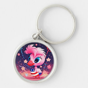 American Flag with Flamingo Cartoon-69216 Key Ring