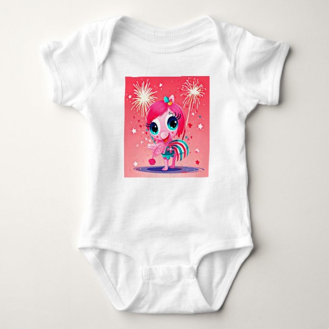 American Flag with Flamingo Cartoon-69217 Baby Bodysuit (Front)