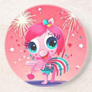 American Flag with Flamingo Cartoon-69217 Coaster