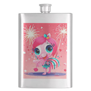 American Flag with Flamingo Cartoon-69217 Hip Flask
