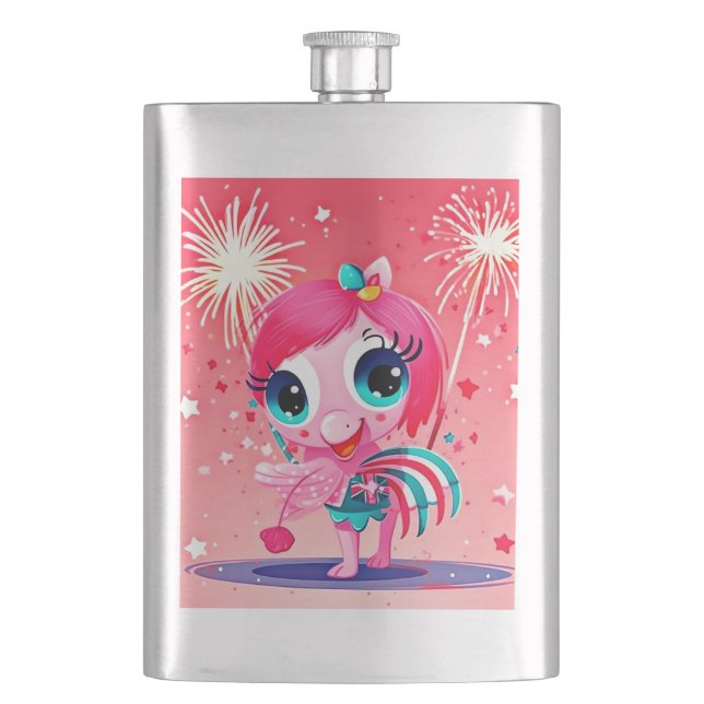 American Flag with Flamingo Cartoon-69217 Hip Flask (Front)