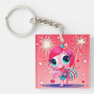 American Flag with Flamingo Cartoon-69217 Key Ring