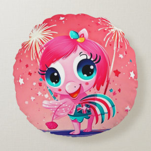 American Flag with Flamingo Cartoon-69217 Round Cushion
