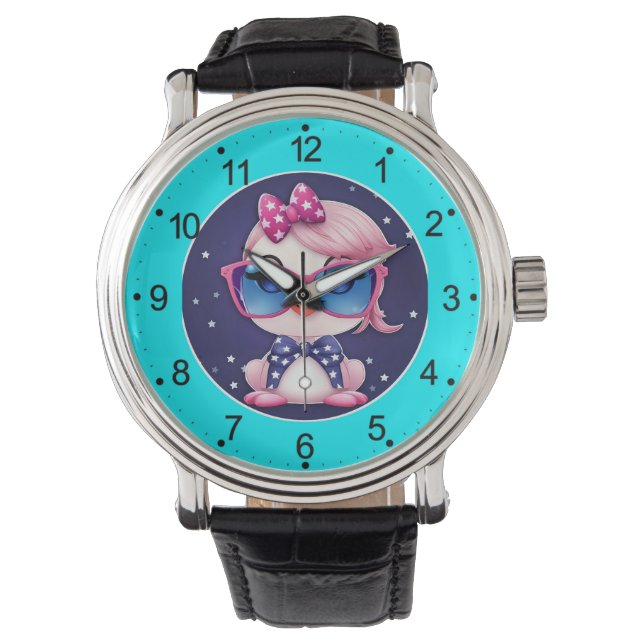 American Flag with Flamingo Cartoon-69680 Watch (Front)