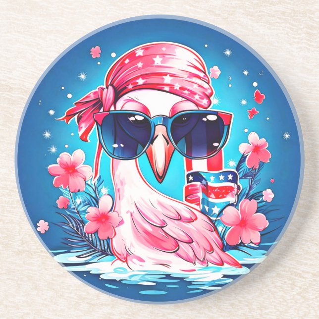 American Flag with Flamingo Cartoon-69681 Coaster (Front)