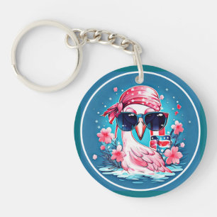 American Flag with Flamingo Cartoon-69681 Key Ring