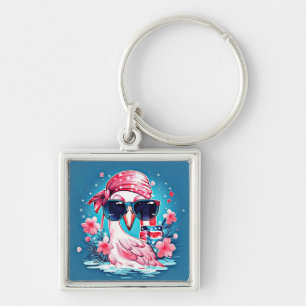American Flag with Flamingo Cartoon-69681 Key Ring