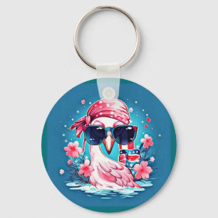 American Flag with Flamingo Cartoon-69681 Key Ring