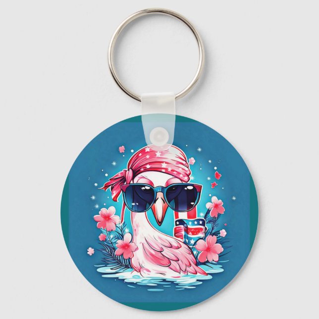 American Flag with Flamingo Cartoon-69681 Key Ring (Front)